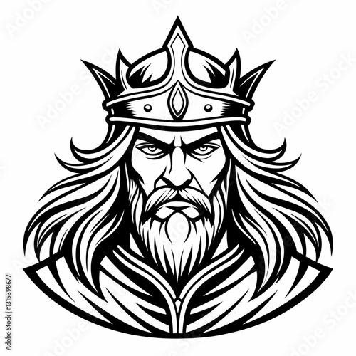 a majestic king, a black and white line drawing, wearing a crown, and looking stern and powerful, vector illustration