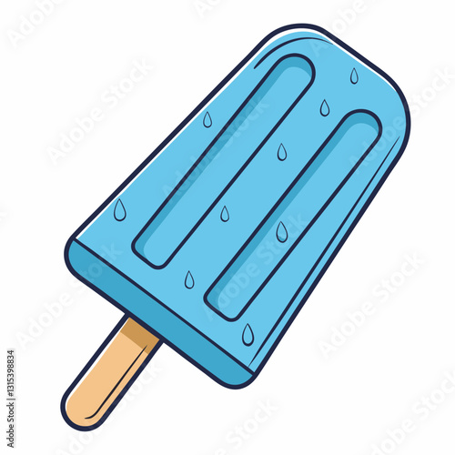 a refreshing blue popsicle on a wooden stick, perfect for a hot day and shows water drops, vector cartoon illustration