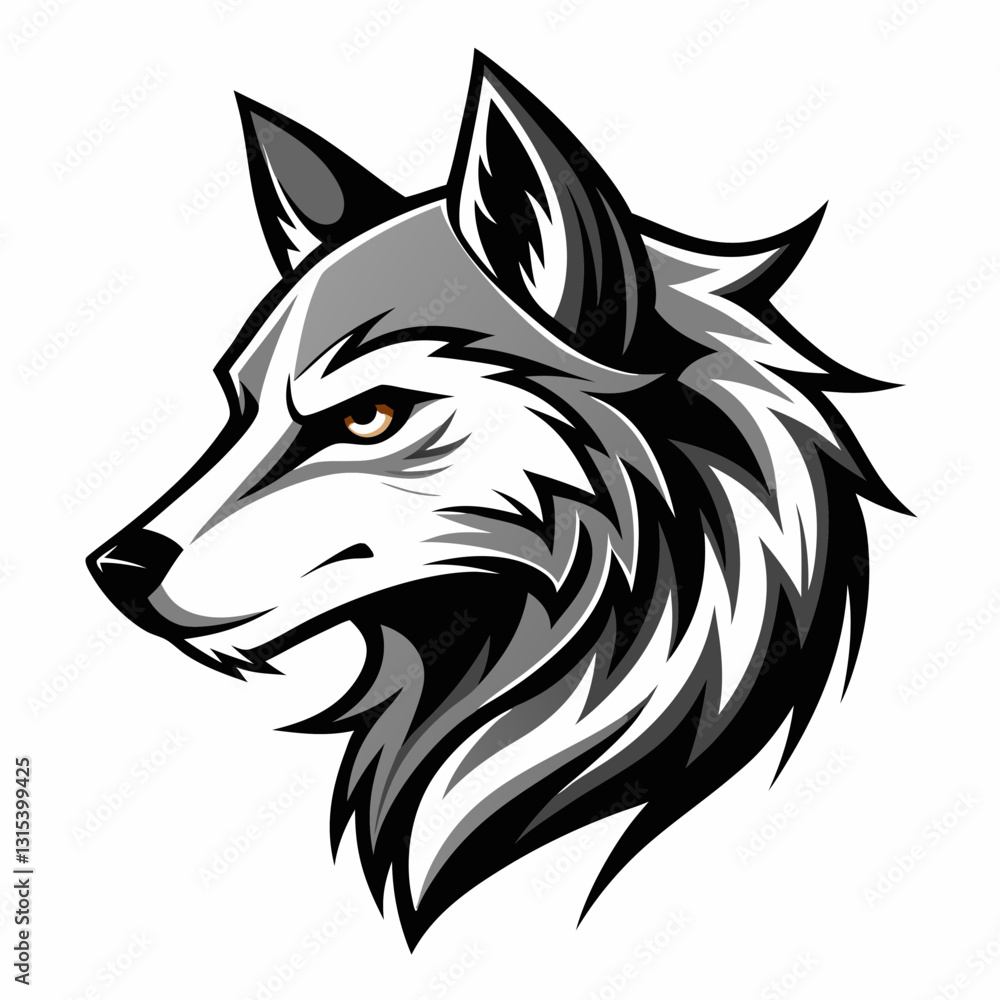 Obraz premium a grayscale illustration of a wolf's head in profile, showcasing its sharp features and intense gaze vector illustration