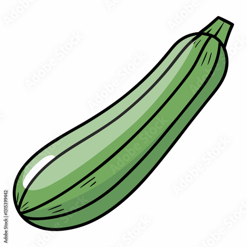a single cartoon zucchini isolated on white background. Its green skin is accented with faint white lines. vector illustration