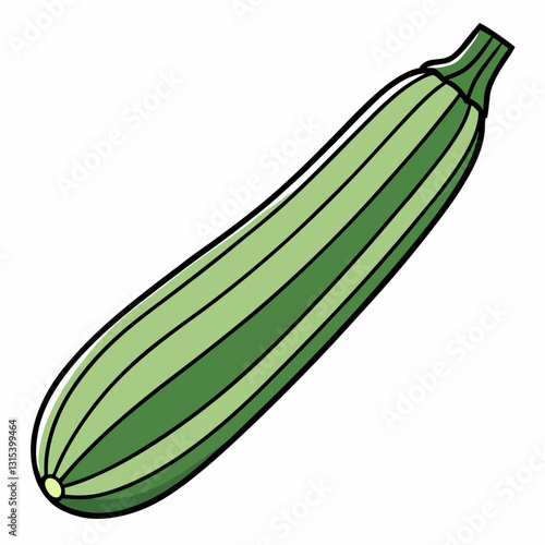 a single cartoon zucchini isolated on white background. Its green skin is accented with faint white lines. vector illustration
