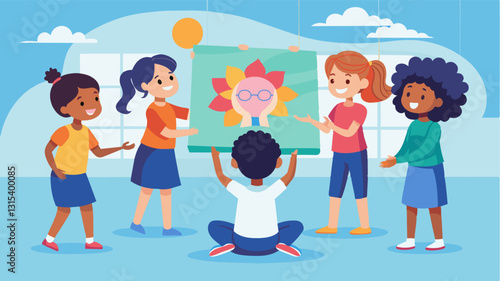 In a school gymnasium children excitedly gather around a large canvas taking turns adding their own mindful touches to a collaborative painting while learning the importance of. Vector illustration