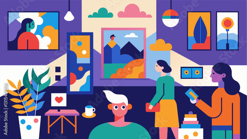 As visitors made their way through the exhibit they were struck by the diversity of styles and mediums from abstract acrylics to traditional watercolors and everything in between.. Vector illustration