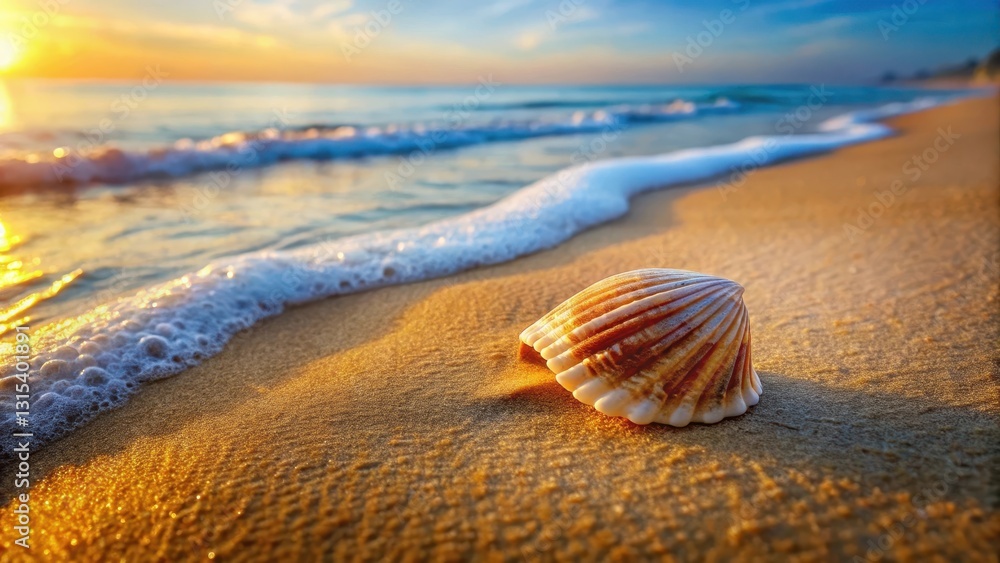 A delicate seashell rests on a vast expanse of golden sand A delicate seashell rests on a vast expanse of golden sand