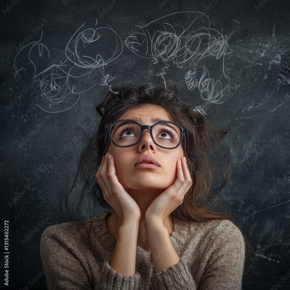 Young woman expressing confusion while staring upwards against a chalkboard background Young woman expressing confusion while staring upwards against a chalkboard background