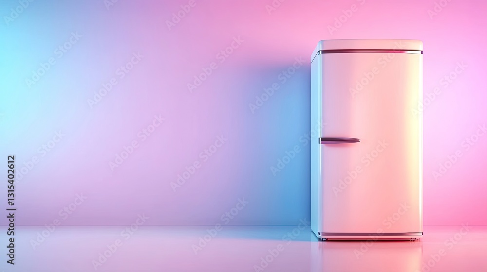 Retro refrigerator in vibrant pink and blue neon light against a white wall. Retro refrigerator in vibrant pink and blue neon light against a white wall.
