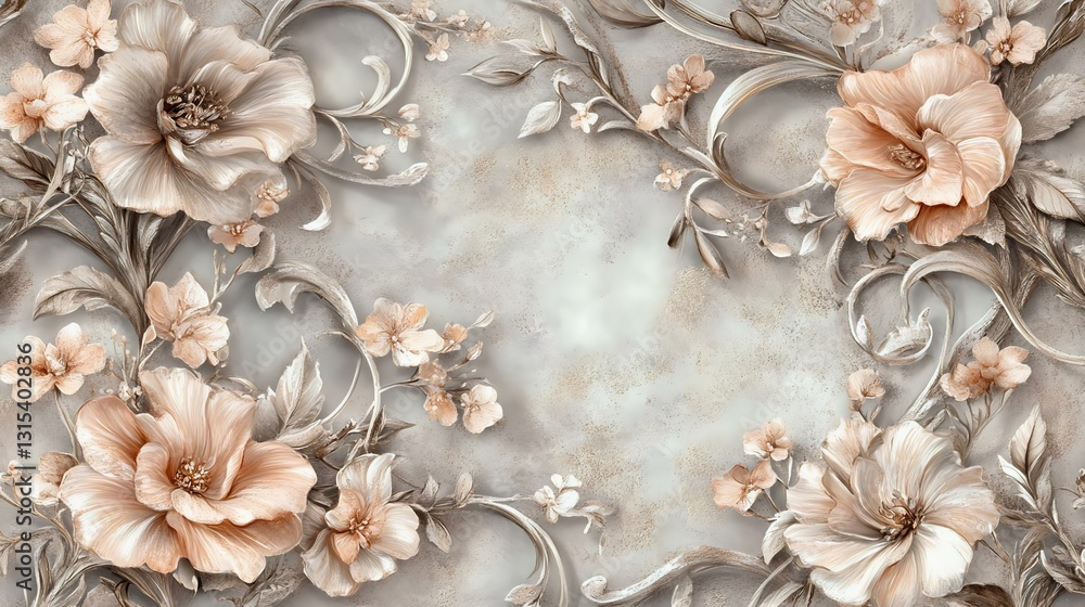 Fototapeta premium Beautiful floral design featuring soft peach and cream flowers elegantly arranged against a textured background, perfect for invitations or decor.