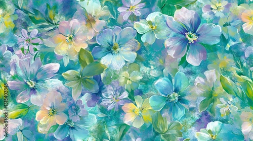 A vibrant floral pattern featuring a mix of colorful flowers against a rich teal background, perfect for spring themes and nature designs.