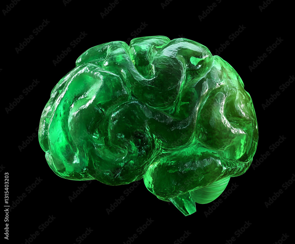 Glowing green digital brain model isolated on a black background Glowing green digital brain model isolated on a black background