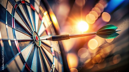 A close-up shot of a dartboard with a single dart flying towards the bullseye, creating a blurred trail behind it , aim, darts