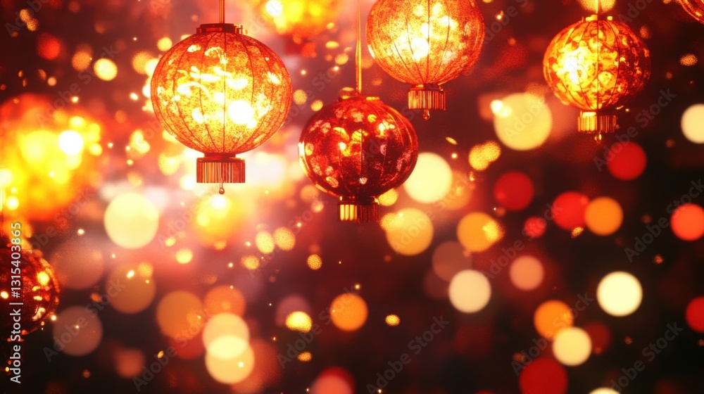 Bright Red Lanterns Glowing Amidst Colorful Bokeh Background Bright Red Lanterns Glowing Amidst Colorful Bokeh Background