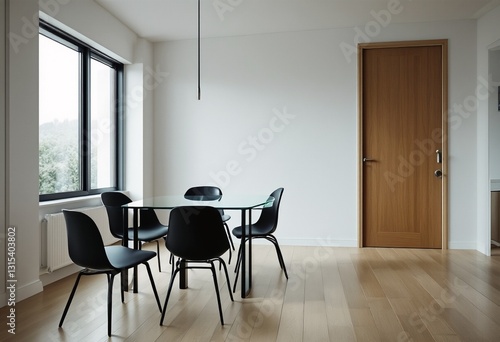 A modern dining room with white walls and light wood floors featuring a glass-topped table surrounded by six black chairs.