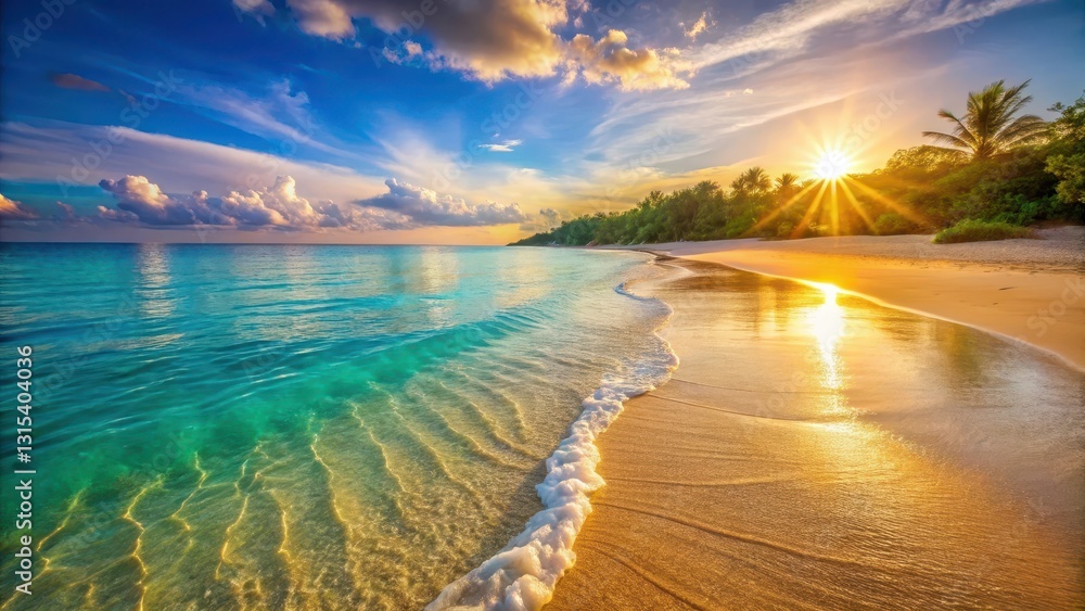 Tranquil beach scene with crystal clear turquoise waters and soft golden sand at sunrise, sunny day, natural beauty Tranquil beach scene with crystal clear turquoise waters and soft golden sand at sunrise, sunny day, natural beauty