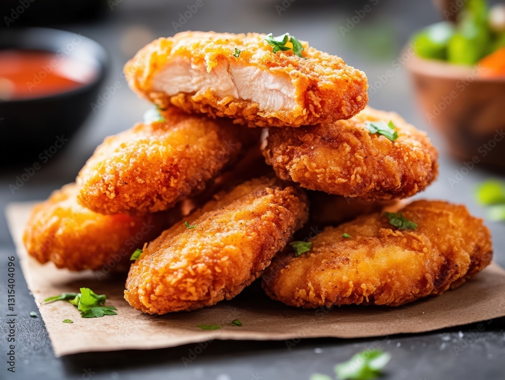 Irresistible fried chicken nuggets stacked together on a car for a creative and eye-catching food display Irresistible fried chicken nuggets stacked together on a car for a creative and eye-catching food display