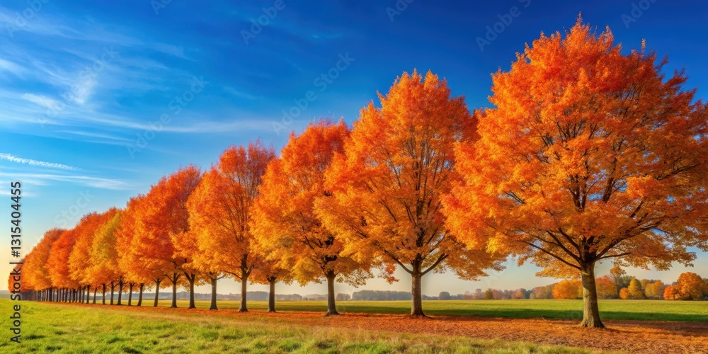 A row of autumnal trees with vibrant orange leaves stretching towards the sky on a crisp day , autumn trees, vibrant oranges