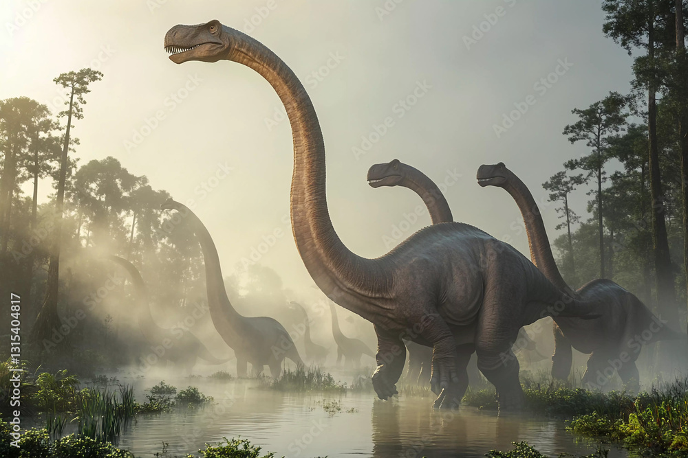 Obraz premium Several long-necked dinosaurs wander through a misty forest near a tranquil water source at dawn