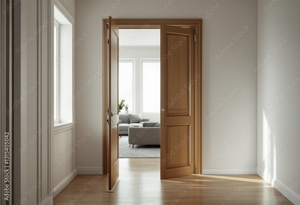 The interior of an empty room with white walls and light-colored wood floors, featuring two open doors leading to a living area. The interior of an empty room with white walls and light-colored wood floors, featuring two open doors leading to a living area.