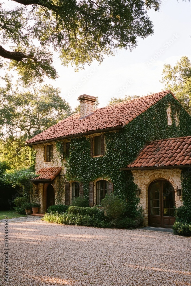 Beautiful ivy-covered stone house surrounded by lush greenery in a tranquil countryside setting during the golden hour of the evening Beautiful ivy-covered stone house surrounded by lush greenery in a tranquil countryside setting during the golden hour of the evening