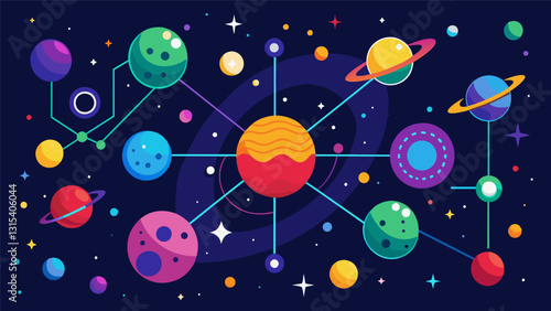 The data is transformed into a vibrant and colorful universe with each star representing a key piece of information that is visually connected through intricate networks and. Vector illustration