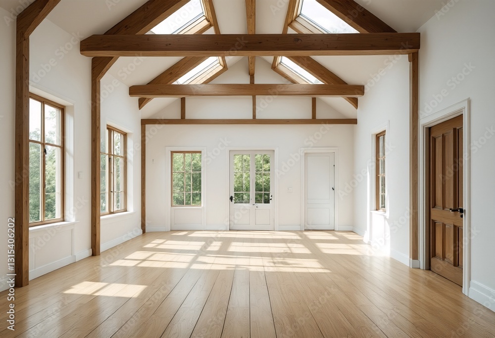Obraz premium An empty room with white walls, wooden floors and beams, and windows on two sides.