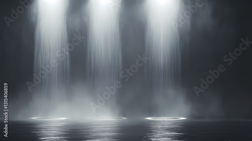 A gray background with three lights shining on it. Glistening - Waterfall. Illustration