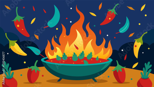 The y scent of chiles roasting over an open flame adds to the vibrant atmosphere of the festival tempting hungry onlookers.. Vector illustration