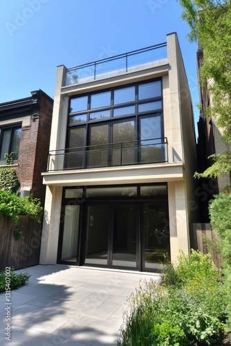 Wallpaper Mural Modern architectural design showcases a sleek, minimalist house surrounded by greenery in an urban neighborhood under bright sunlight Torontodigital.ca