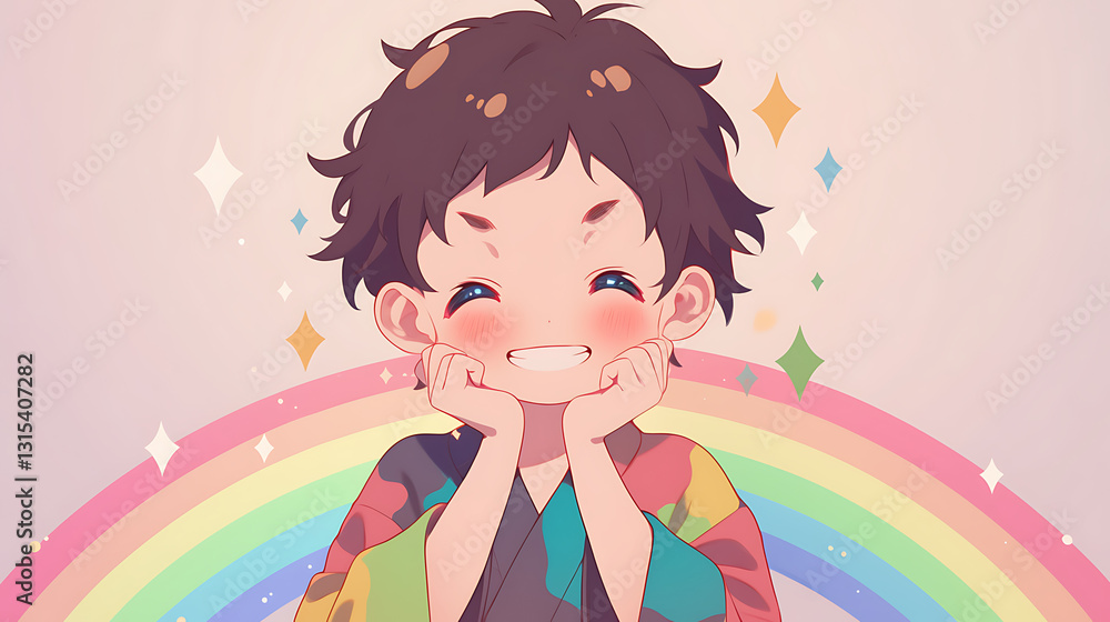 Cheerful child in colorful kimono smiling joyfully with rainbow and sparkles in the background Cheerful child in colorful kimono smiling joyfully with rainbow and sparkles in the background