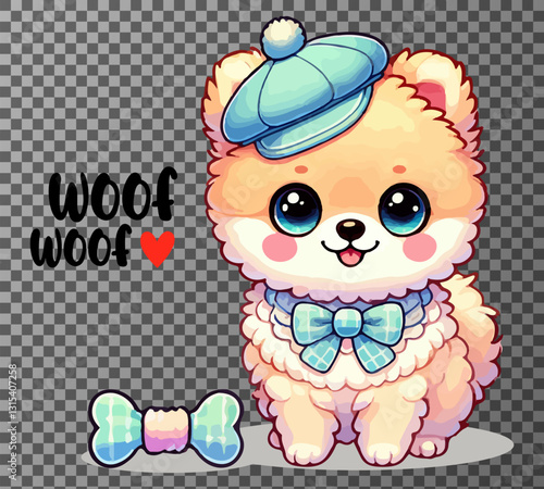 Adorable fluffy puppy in a beret and bow tie with "Woof Woof" text on transparent background. Perfect for stickers, t-shirts, greeting cards and pet themed designs