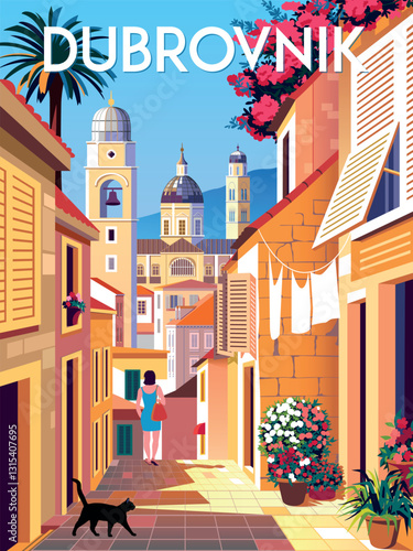 Dubrovnik Croatia travel poster. Mediterranean romantic landscape with street and traditional houses in the first plan, churches and mountains in the background. Handmade drawing vector illustration. 