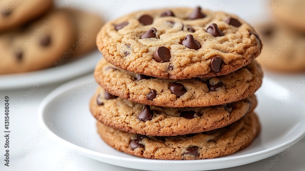 chocolate chip cookies stacked on a plate. chocolate chip cookies stacked on a plate.