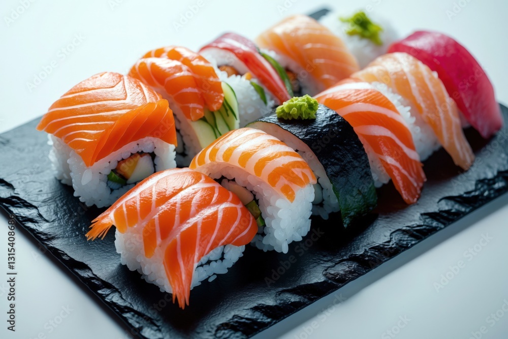 Exquisite sushi platter featuring various nigiri and maki rolls elegantly arranged on a black slate board Exquisite sushi platter featuring various nigiri and maki rolls elegantly arranged on a black slate board