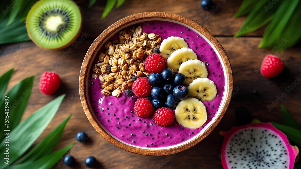 Vibrant Magenta Smoothie Bowl Evoking Joy with Tropical Flair under Natural Lighting Vibrant Magenta Smoothie Bowl Evoking Joy with Tropical Flair under Natural Lighting