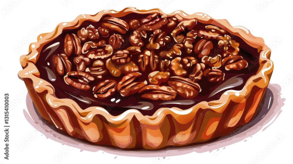 Delicious pecan pie showing walnuts and syrup on transparent background Delicious pecan pie showing walnuts and syrup on transparent background