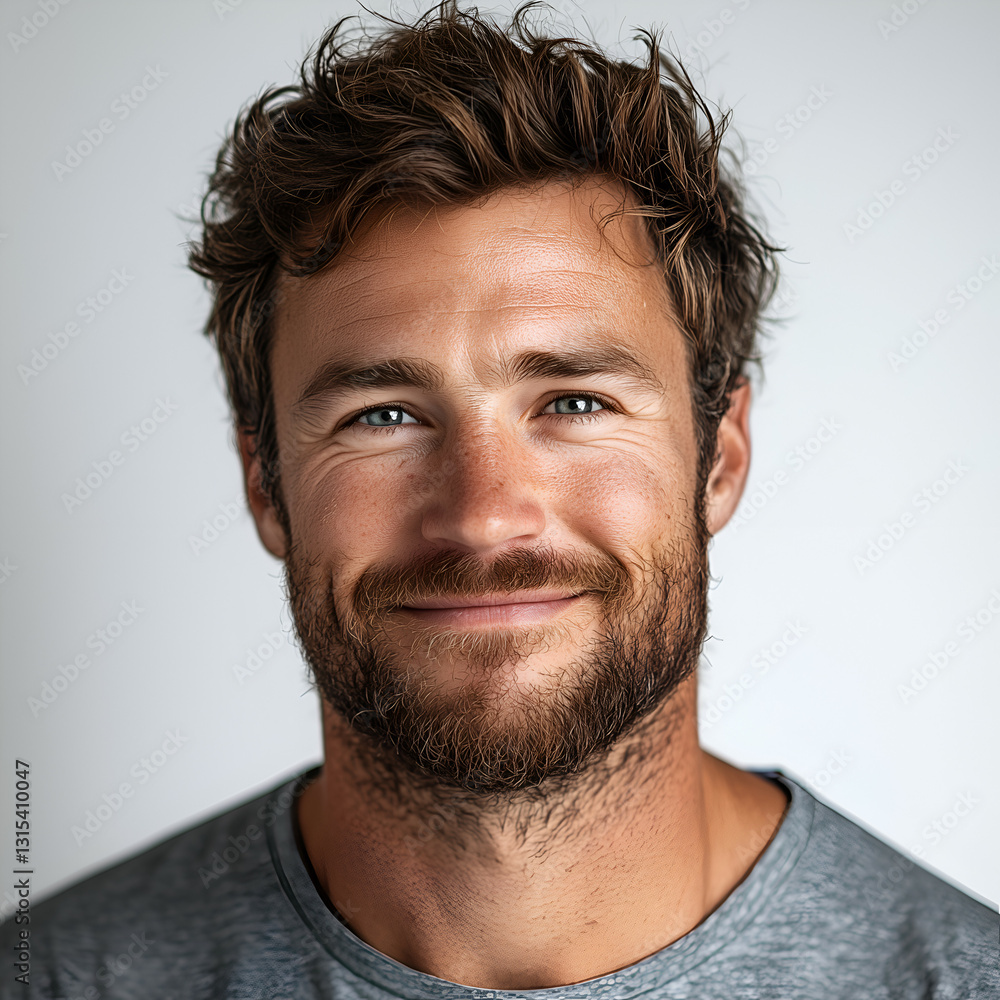 Obraz premium Smiling Bearded Man Portrait: Confident Male in Casual Style with Natural Light