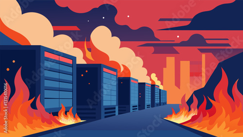 The air was thick with the heat generated by the massive servers creating an almost tangible barrier within the facility.. Vector illustration