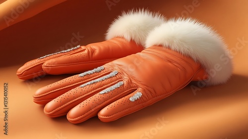 Orange leather gloves, fur trim, winter