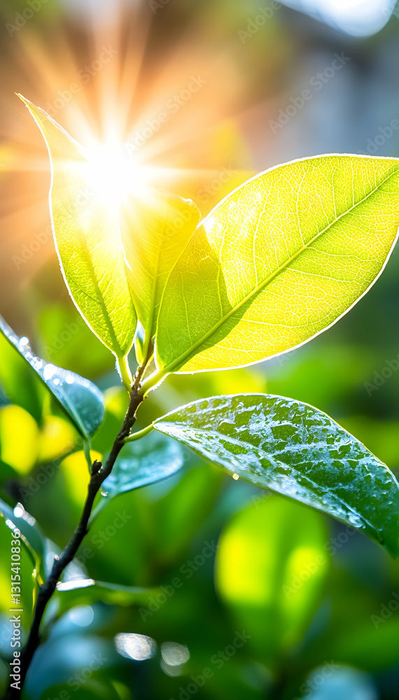 Fototapeta premium Sun shining through green leaves of a plant