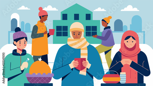 In a college dorm a group of students use their downtime to knit hats and scarves for refugees who have recently arrived in their community.. Vector illustration