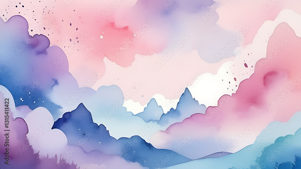 Fototapeta premium Watercolor Mountain Landscape with Soft Pink and Blue Pastel Colors
