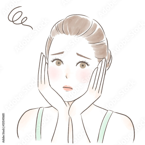 困った顔で両手で頬を包むキャミソールを着た女性