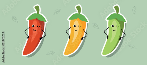 cute colorful chili pepper illustration with happy faces and arms in red, yellow, and green shades, isolated on a bright background with leaves, ideal for playful food designs, stickers, and spicy sea