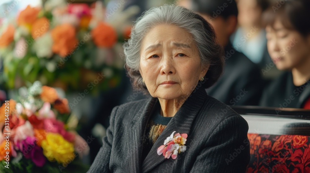 Elderly Asian woman in black attire with floral brooch at formal event Elderly Asian woman in black attire with floral brooch at formal event