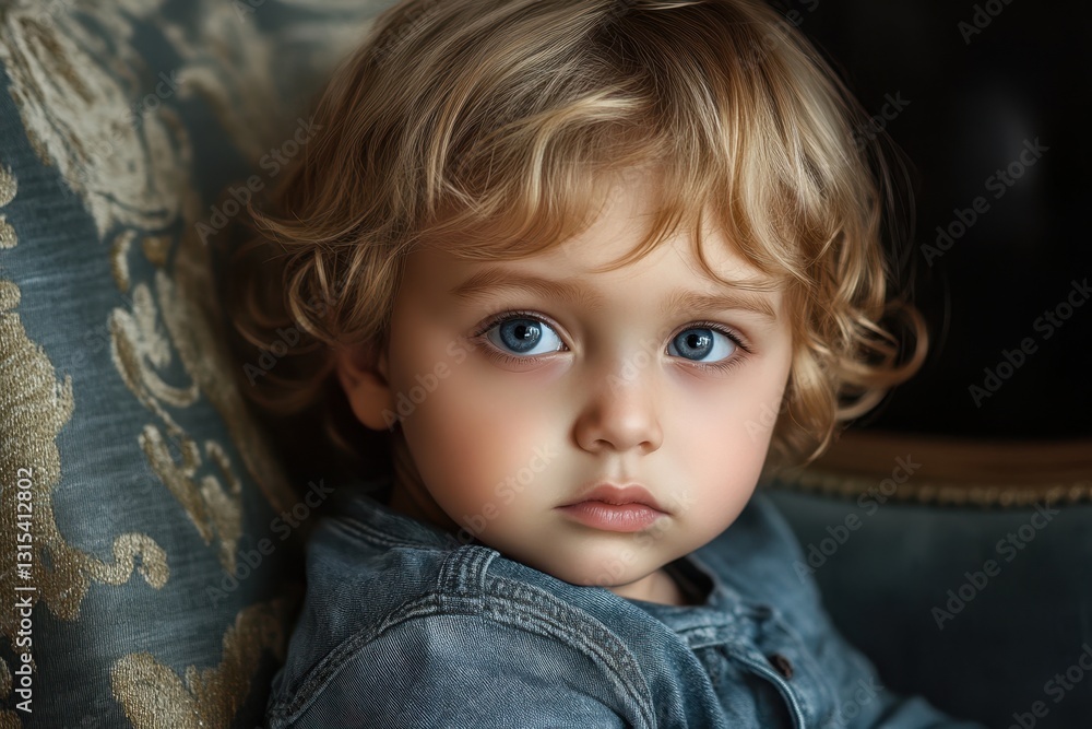 Young child with curly hair and bright blue eyes looking thoughtfully at the viewer indoors Young child with curly hair and bright blue eyes looking thoughtfully at the viewer indoors
