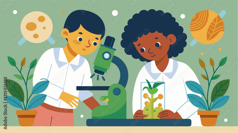 Two students using a microscope to view plant cells for their biology experiment marveling at the intricate structures they discover.. Vector illustration Two students using a microscope to view plant cells for their biology experiment marveling at the intricate structures they discover.. Vector illustration