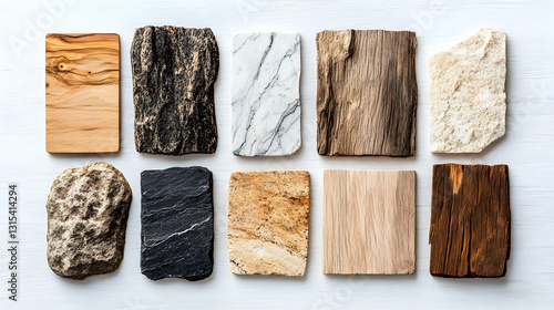 Ten diverse stone and wood samples arranged on a white surface