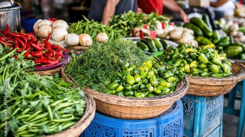 Fresh Green Vegetables and Herbs Displayed at Vibrant Market Scene