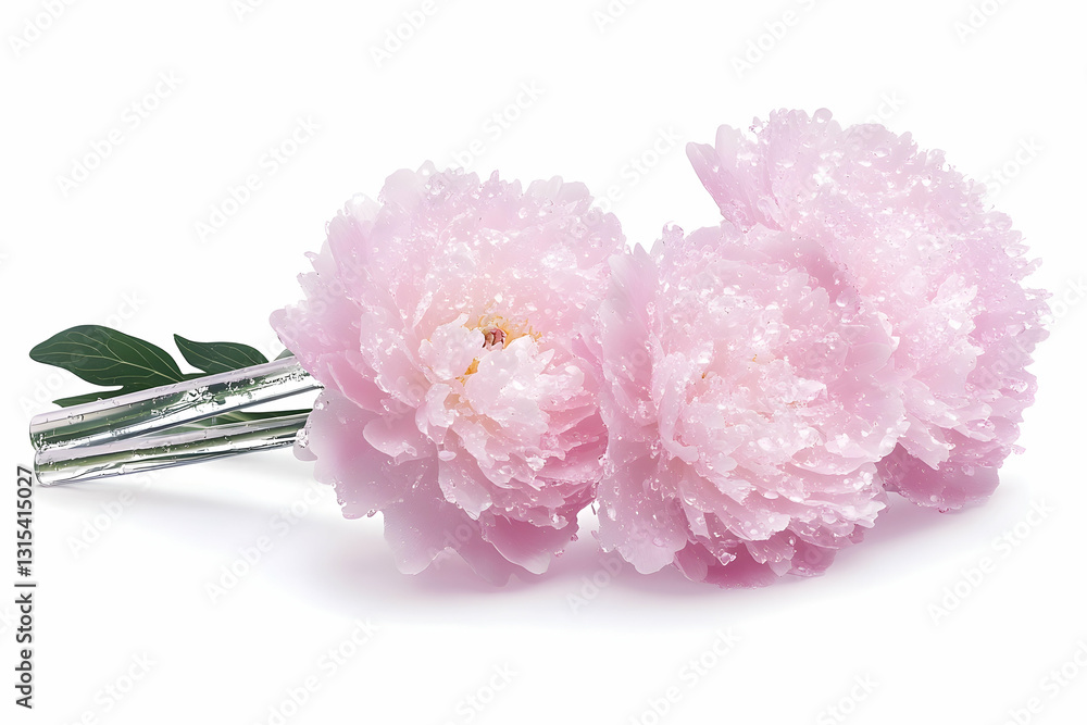 Three pink, blossoming peonies tied together with silver ribbon Three pink, blossoming peonies tied together with silver ribbon