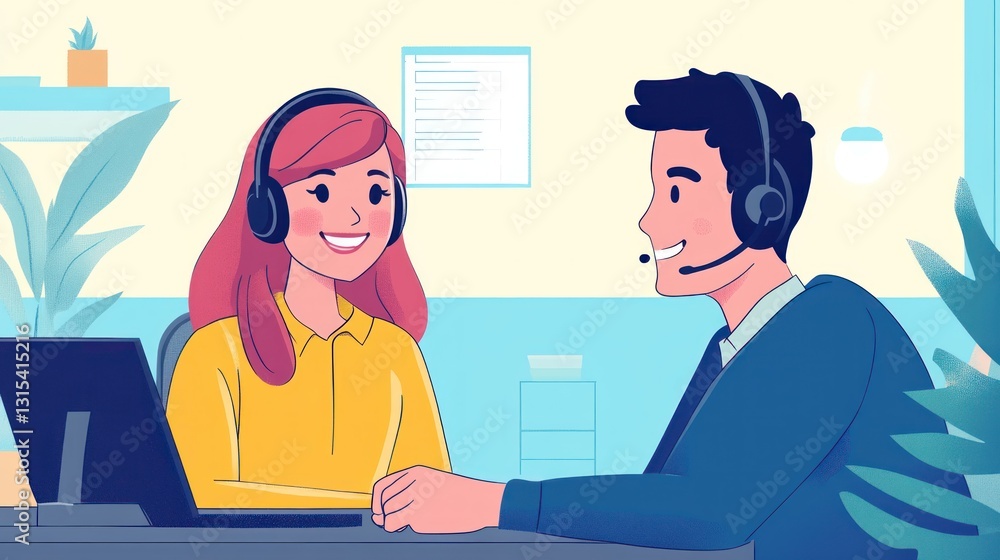 Cheerful customer service representatives in a friendly online support discussion Cheerful customer service representatives in a friendly online support discussion