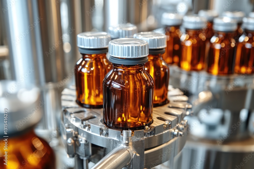 Amber Glass Bottles on Conveyor Belt in Factory, Close-up View Amber Glass Bottles on Conveyor Belt in Factory, Close-up View